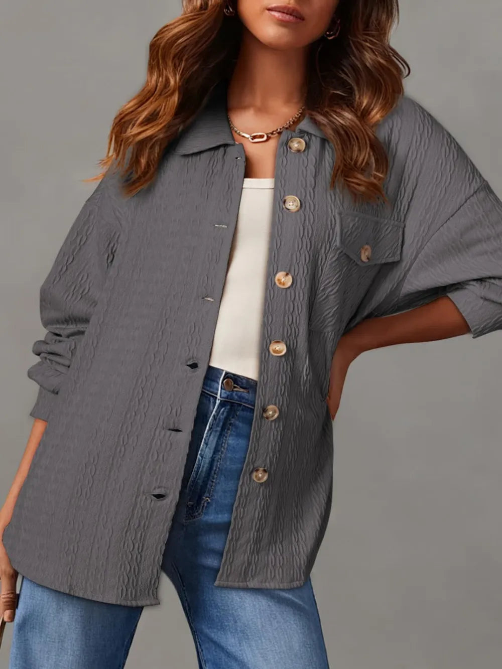 Textured Button Up Long Sleeve Shacket, view 2