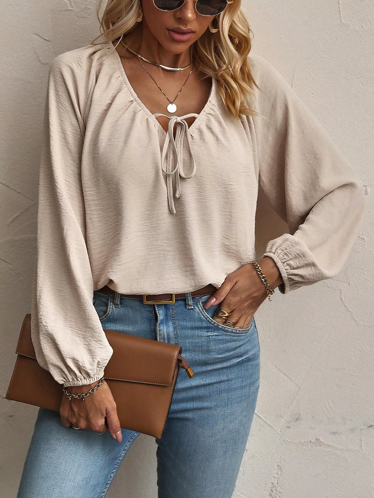 V-Neck Tie-Front Long Sleeve Blouse with Textured Fabric in Apricot, view 3