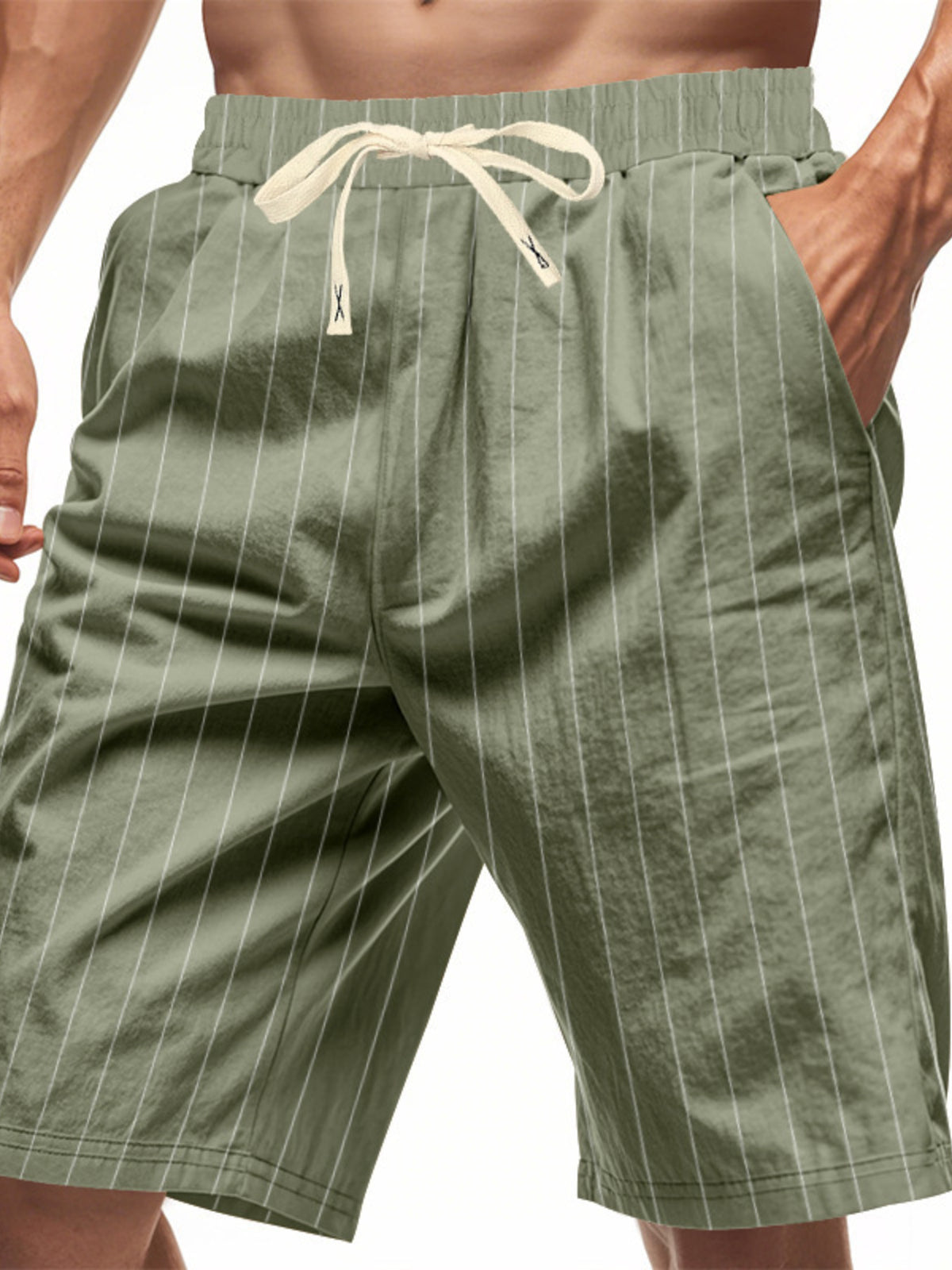 Men's Full Size Striped Drawstring Casual Shorts Plus Size in Army Green