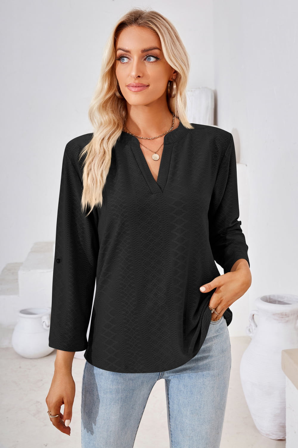 V-Neck Roll-Tap Sleeve Blouse in Black