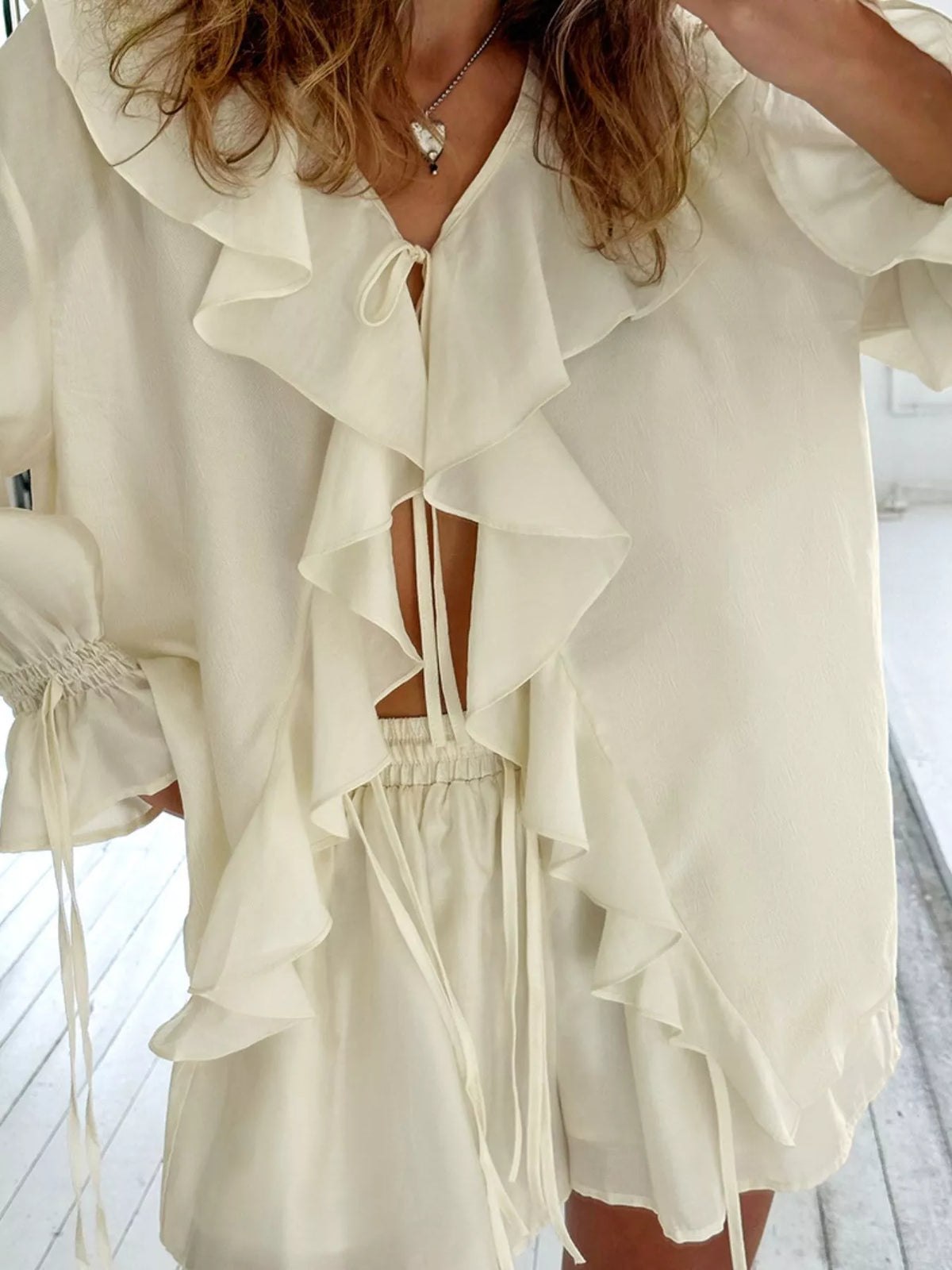 Ruffled Tie Front Blouse and Shorts Set, view 3