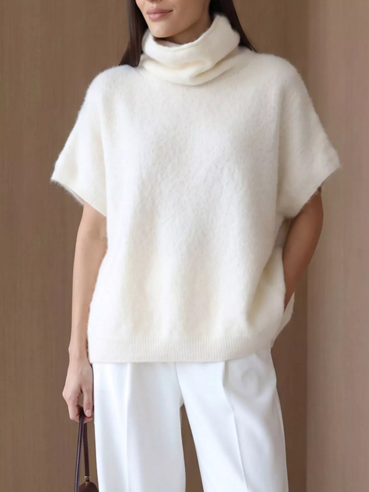 Turtleneck Fuzzy Short Sleeve Sweater, view 4