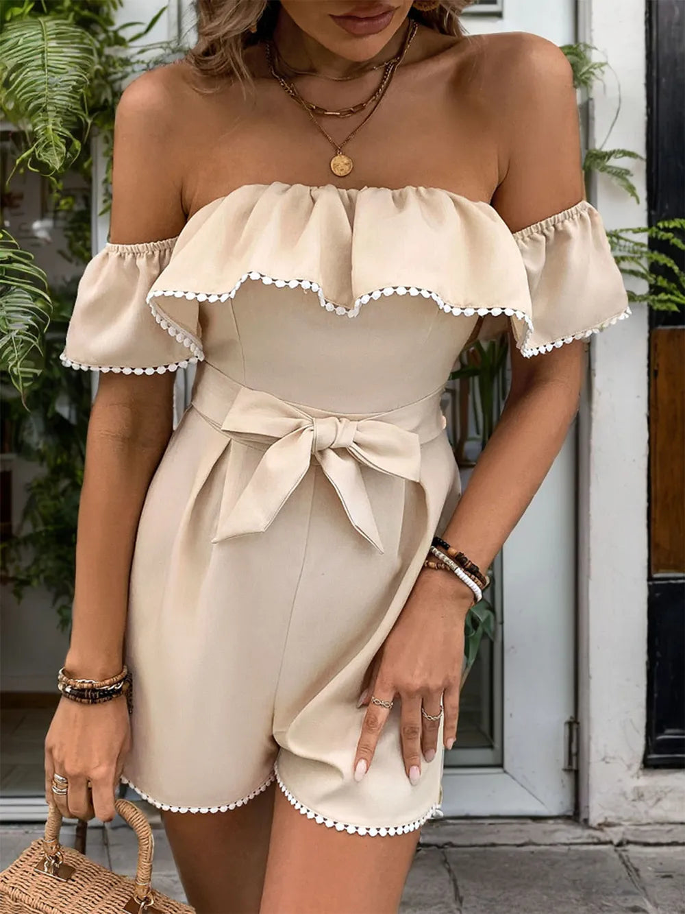 Perfee Tied Ruffled Off-Shoulder Short Sleeve Romper - Lilixa.store