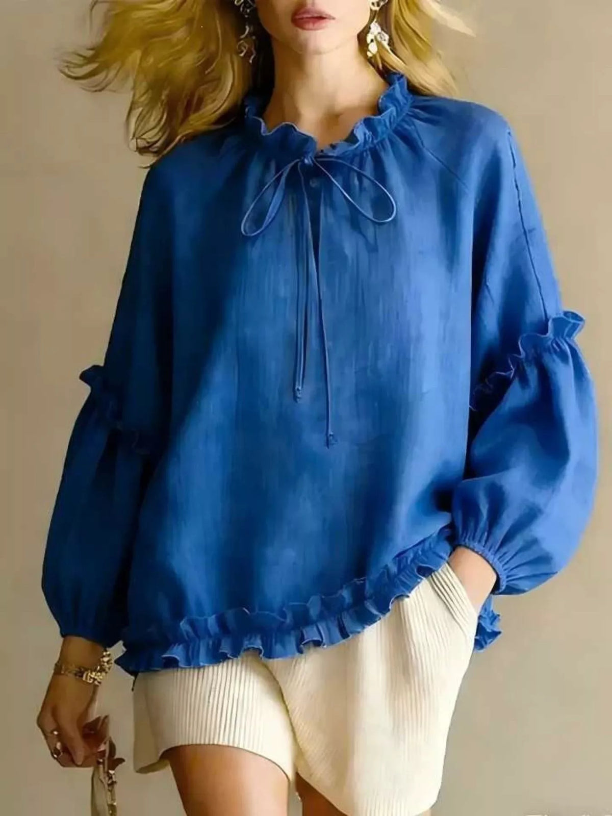 Frill Balloon Sleeve Blouse - Lilixa.store