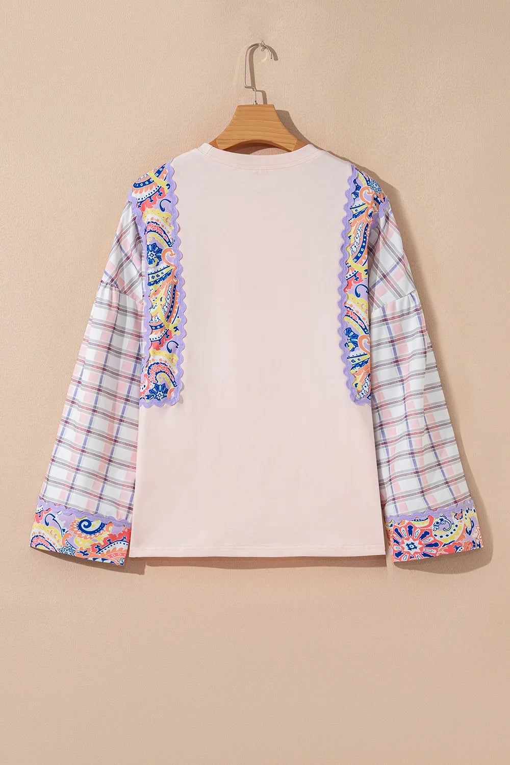 Paisley Print Plaid Long Sleeve Oversized Top in Blush Pink, view 5