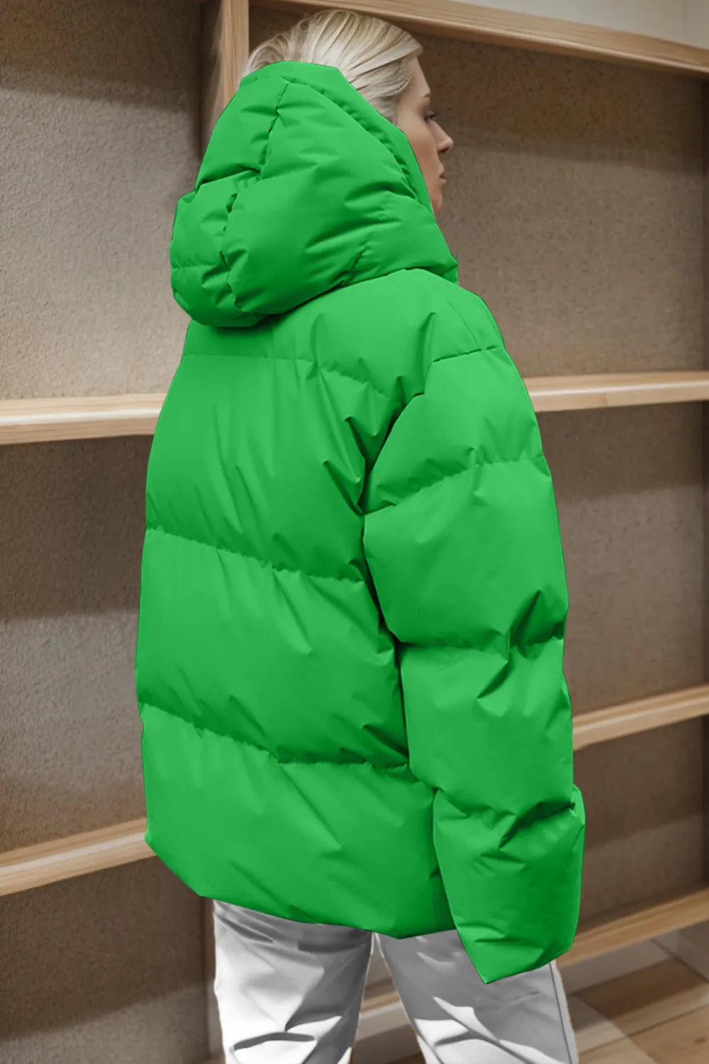 Pocketed Zip Up Hooded Puffer Jacket, view 17