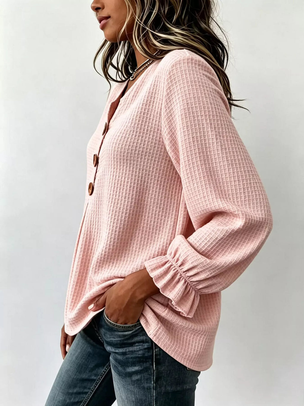Waffle Knit Long Sleeve Top - Lilixa.store