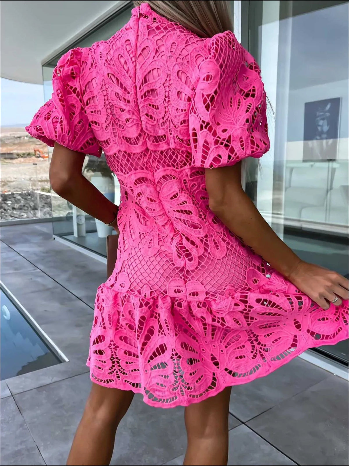 Lace Mock Neck Puff Sleeve Dress - Lilixa.store