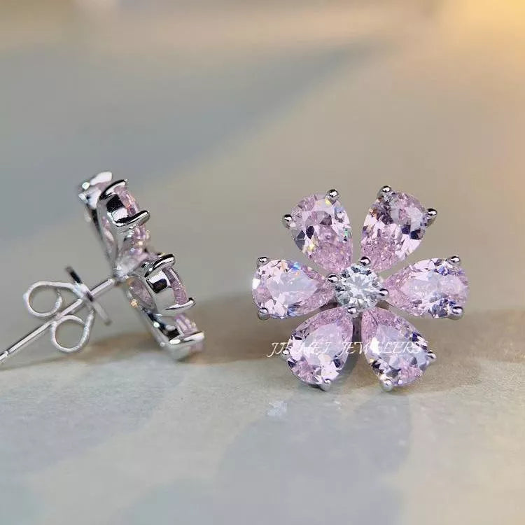 925 Sterling Silver Zircon Flower Earrings in Blush Pink, view 6