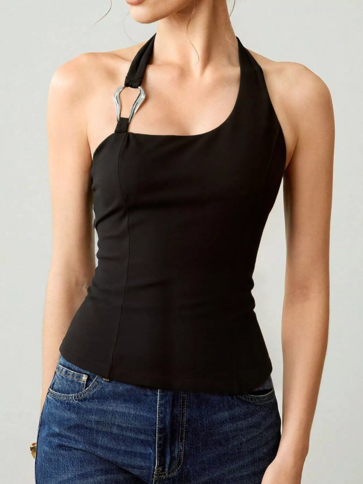 Halter Neck Tank with Metallic Ring Detail