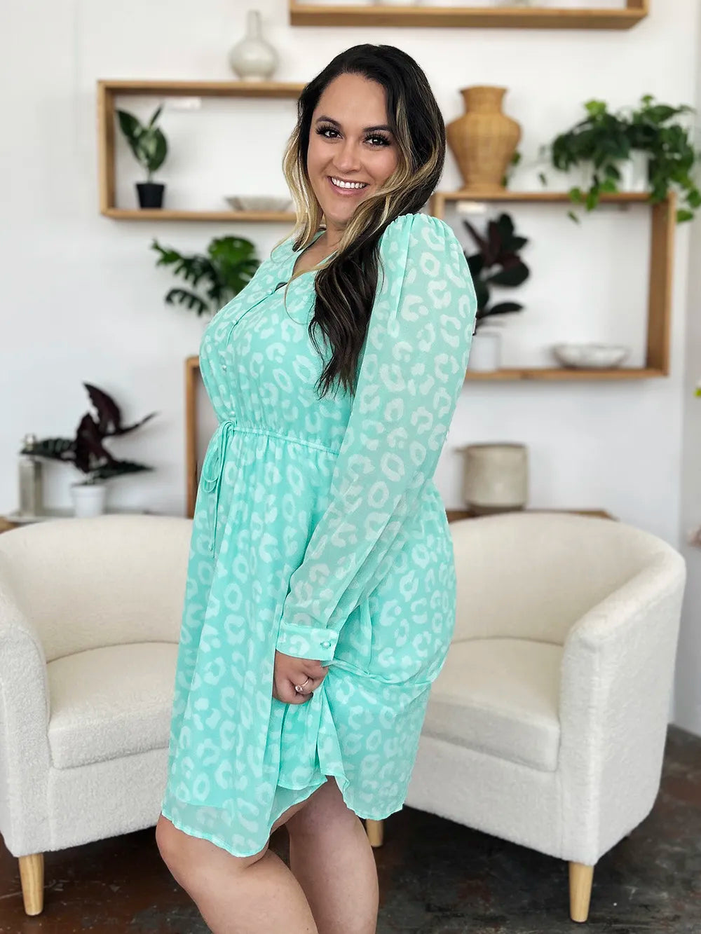 Double Take Full Size Printed Ruched V-Neck Long Sleeve Dress - Lilixa.store