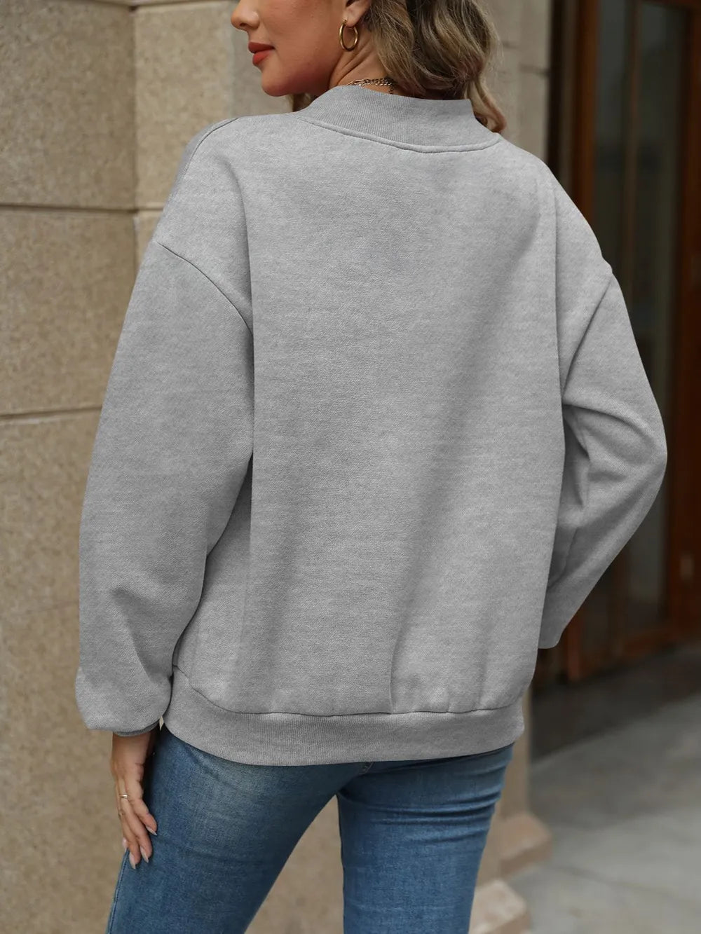 V-Neck Long Sleeve Dropped Shoulder Sweatshirt - Lilixa.store
