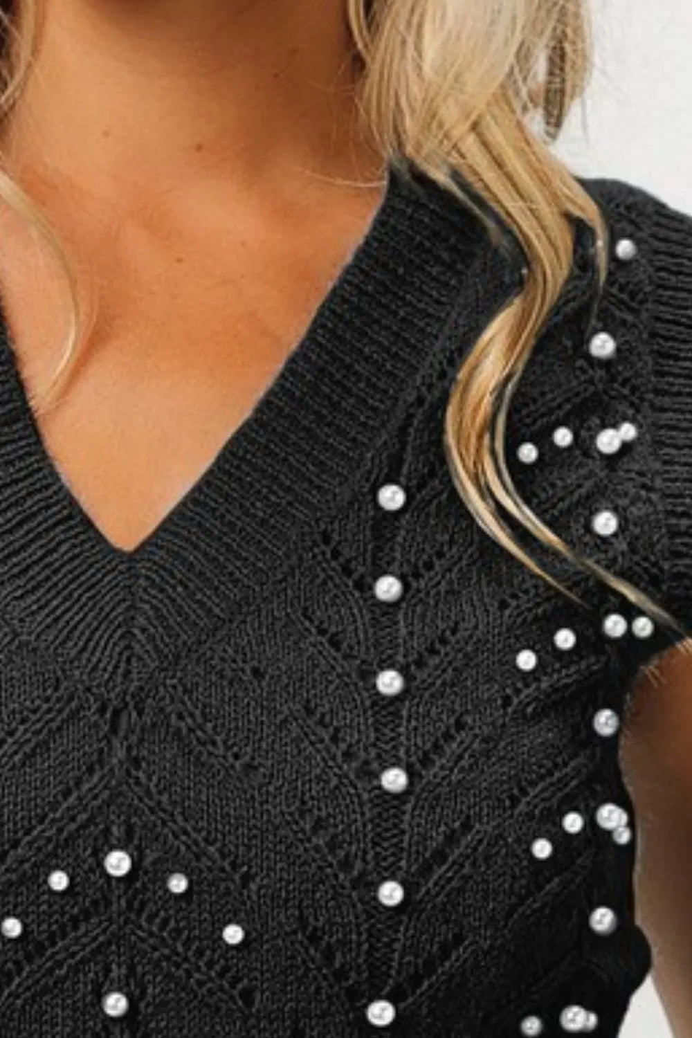 BiBi Chevron Pointelle Pearl Knit Top in Black, view 3