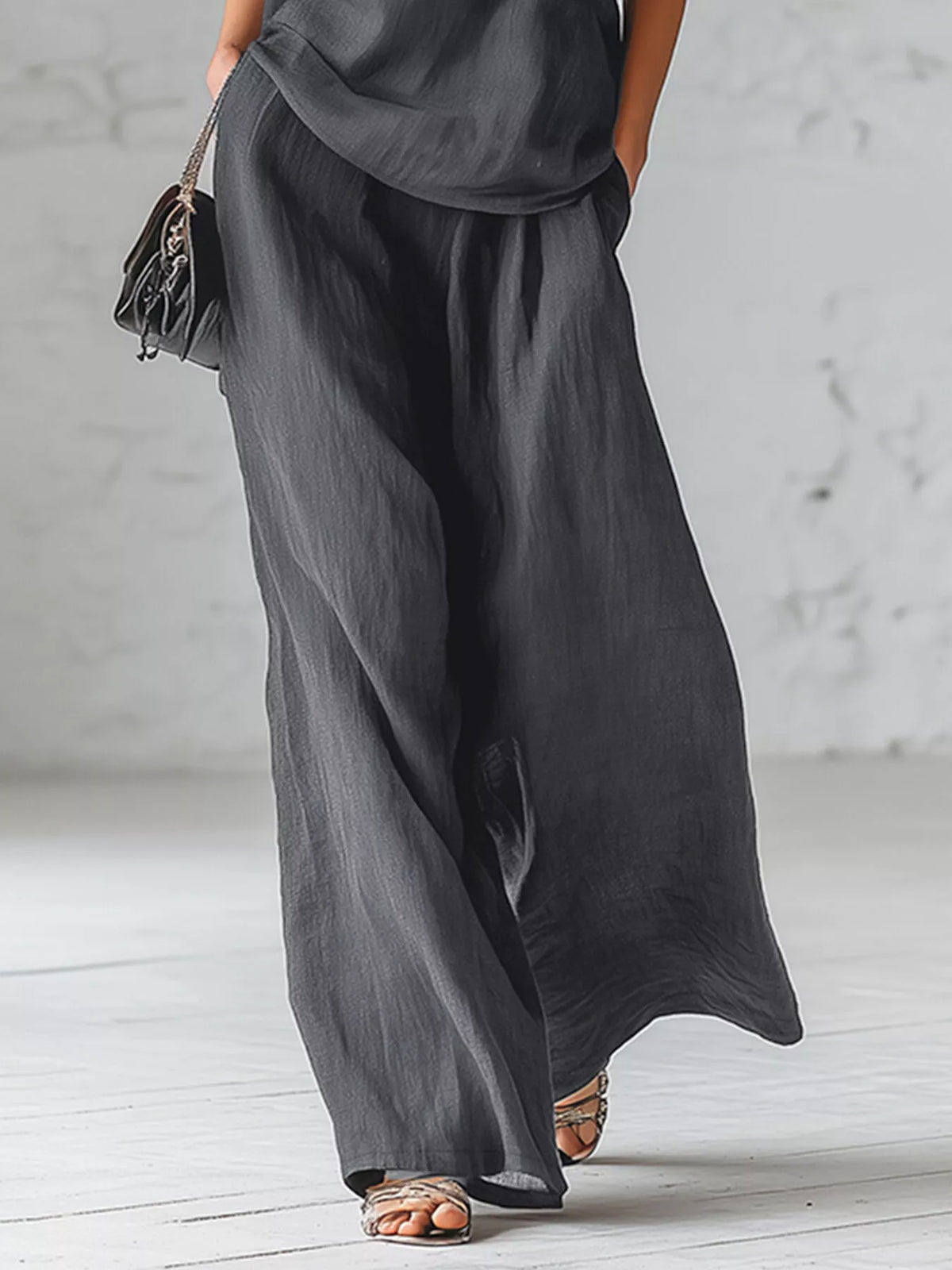 One-Shoulder Bow Tie Top and Wide-Leg Pants Casual Two-Piece Set