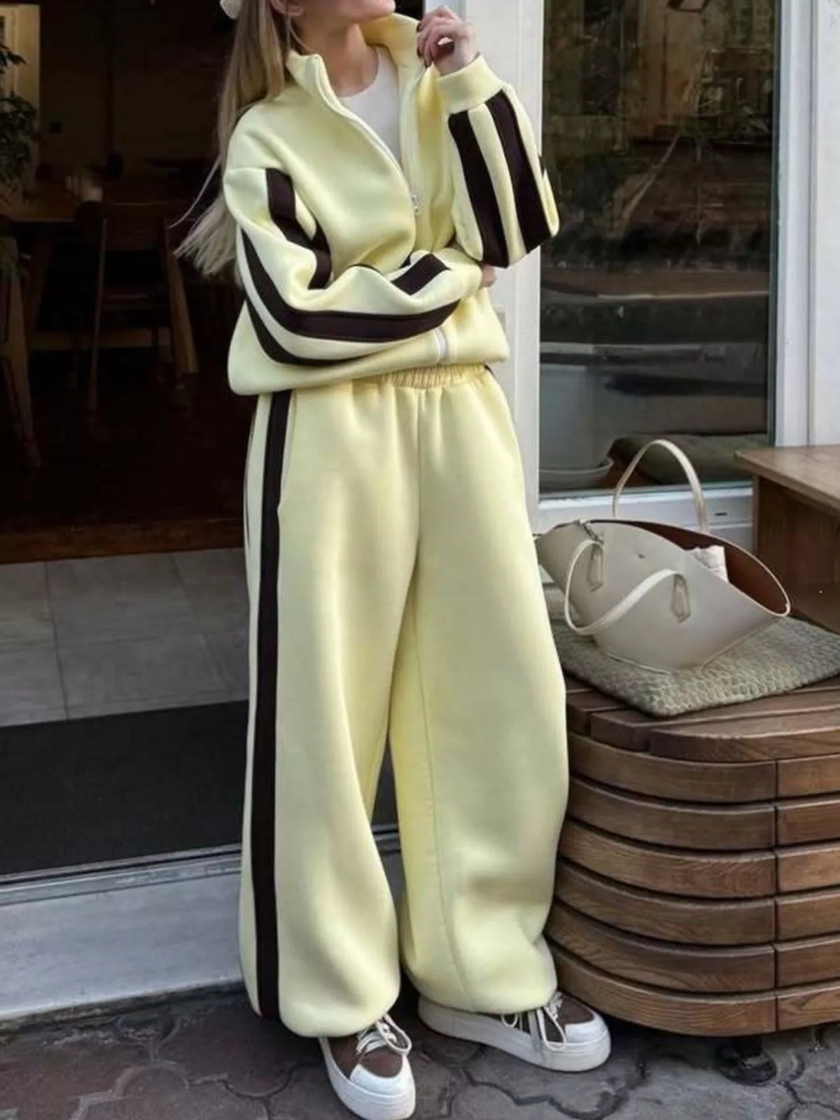 Contrast Striped Zip Up Top and Pants Set - Lilixa.store