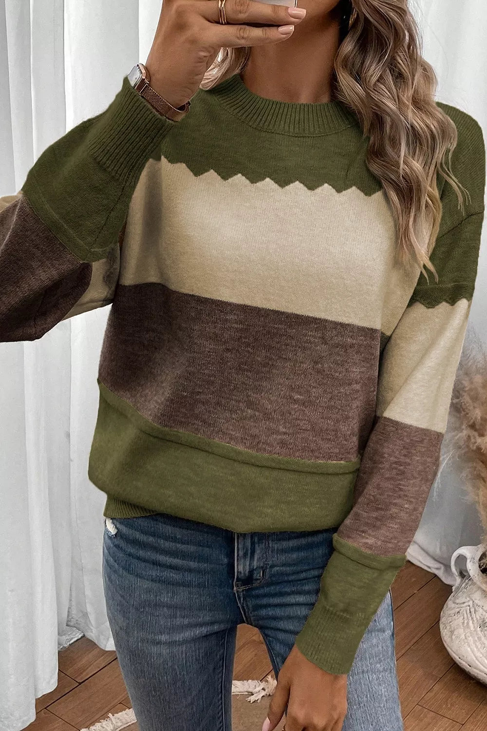 Colorblock Crew Neck Drop Shoulder Sweater