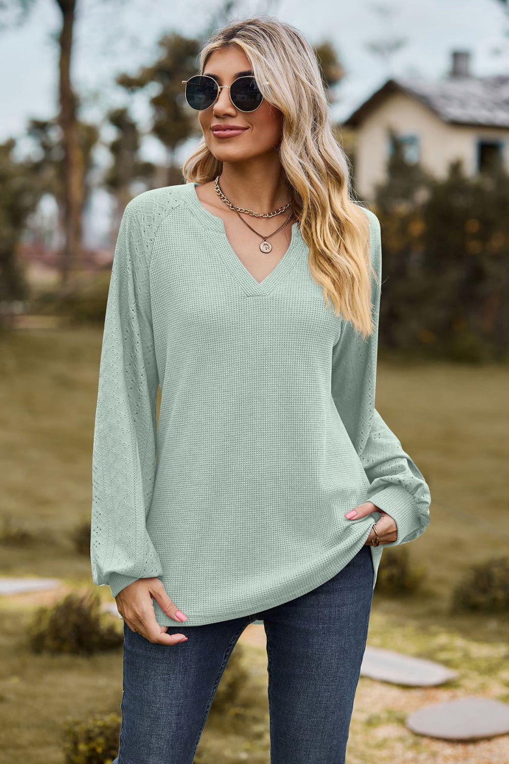 Notched Neck Raglan Sleeve Blouse, view 7