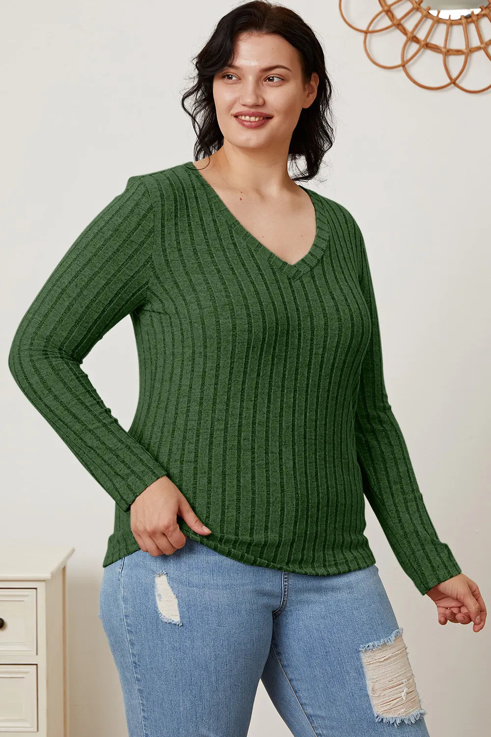 Basic Bae Full Size Ribbed V-Neck Long Sleeve T-Shirt - Lilixa.store