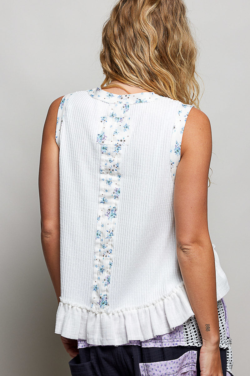 POL Floral Print Patche Round Neck Ribbed Tank with Double Gauze Ruffle Accents - Lilixa.store