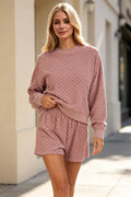 Oh Full Size Checkered Crewneck Cropped Sweatshirt and Elastic Waist Shorts Set Plus Size - Lilixa.store
