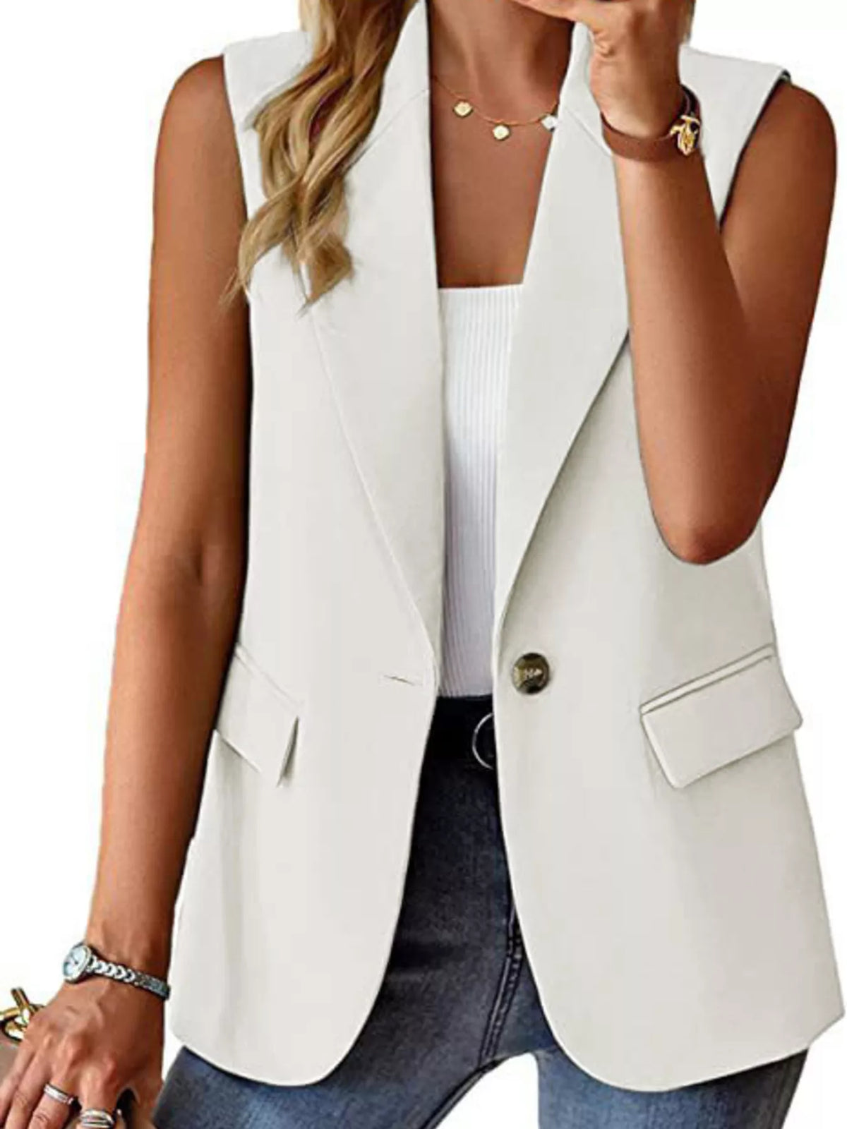 Full Size One Button Lapel Collar Vest Coat Plus Size - Lilixa.store