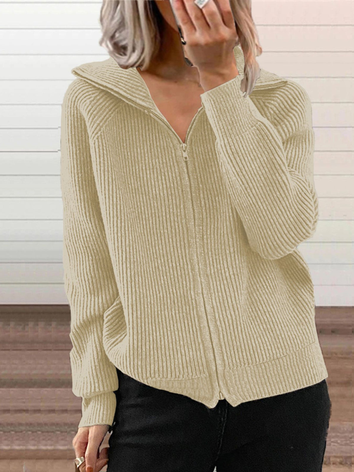 Full Size Ribbed Knit Zip-Up Outerwear Plus Size in Khaki