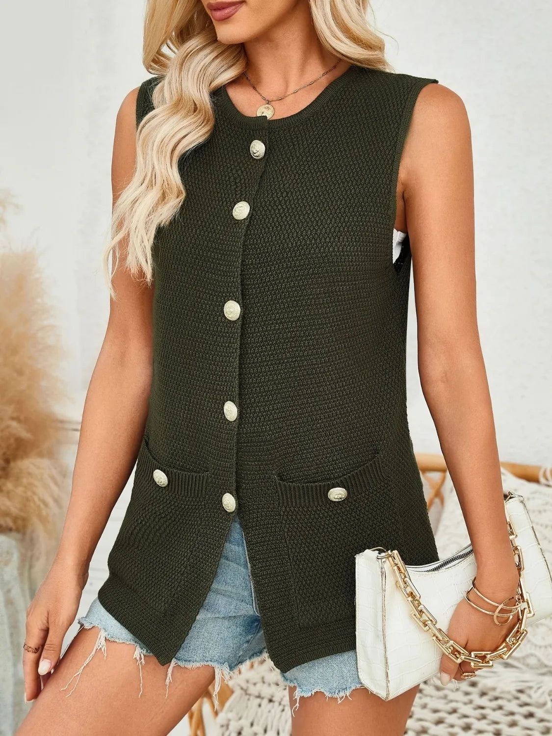 Button Down Round Neck Knit Vest in Black Forest