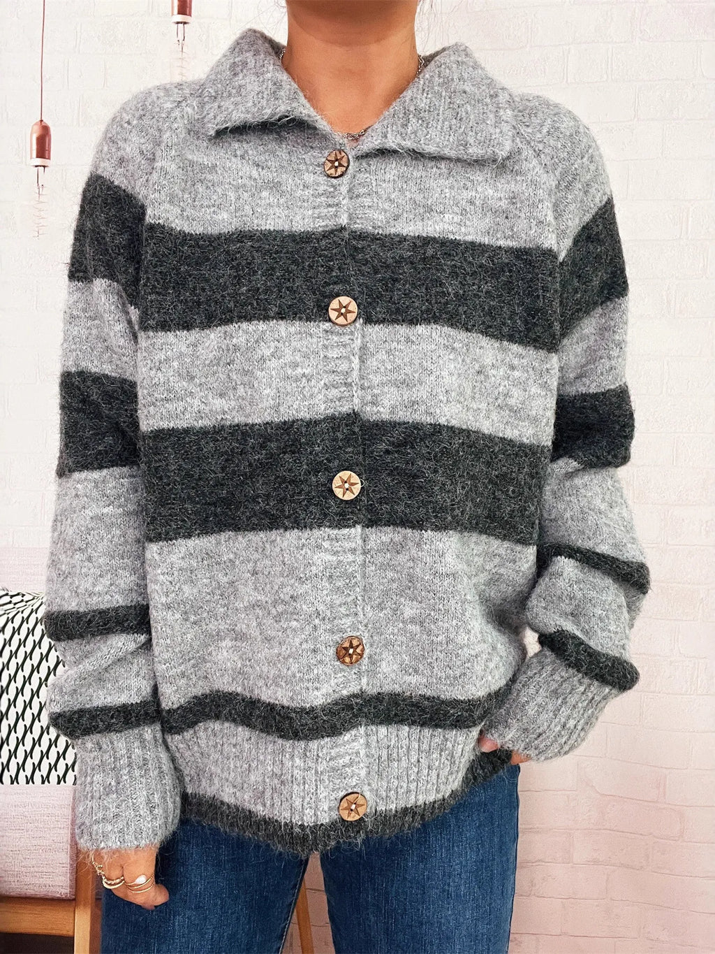 Striped Button-Up Cozy Cardigan - Lilixa.store