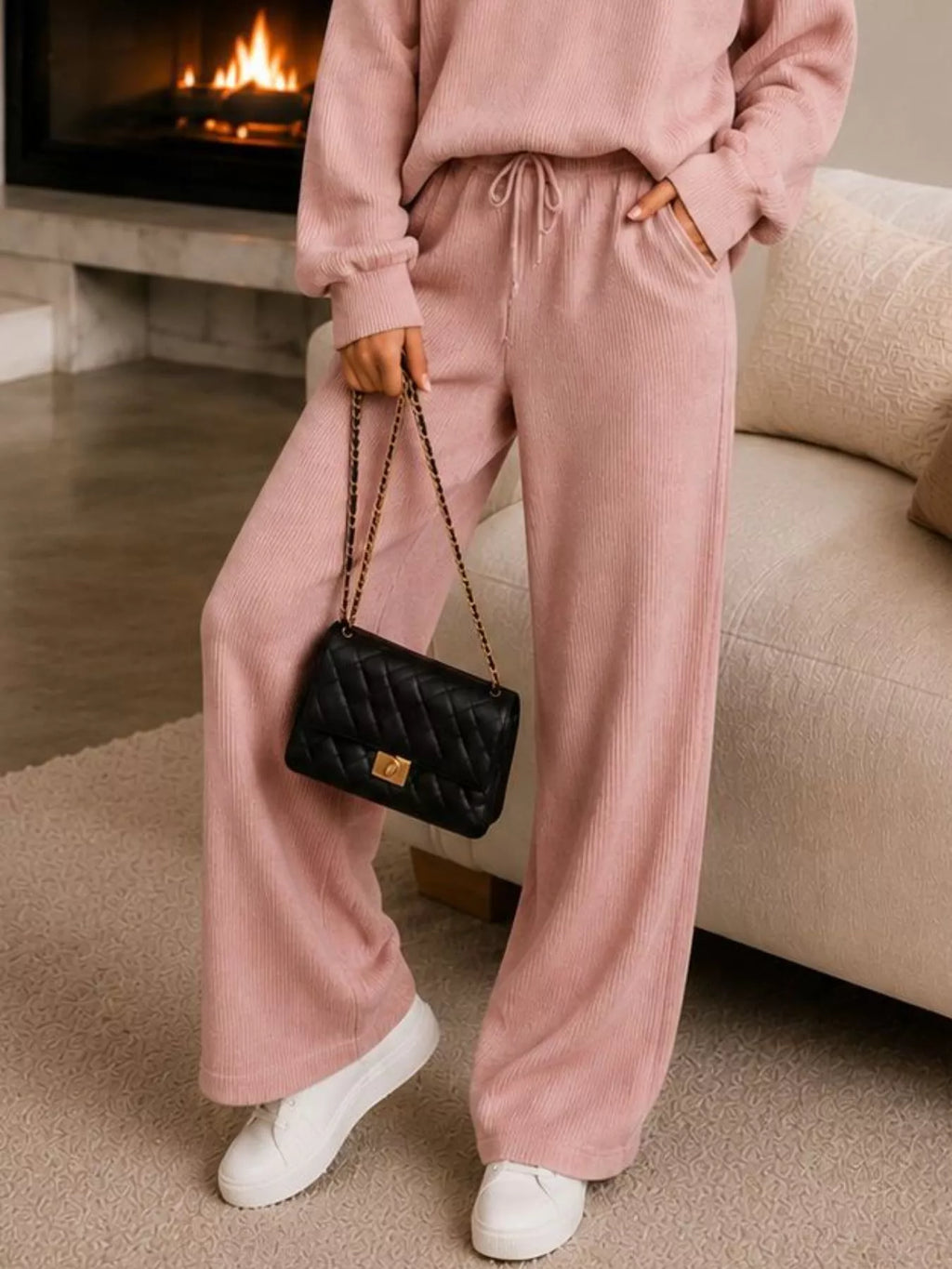 Ribbed Knit Quarter-Zip Top and Wide-Leg Pants Set - Lilixa.store