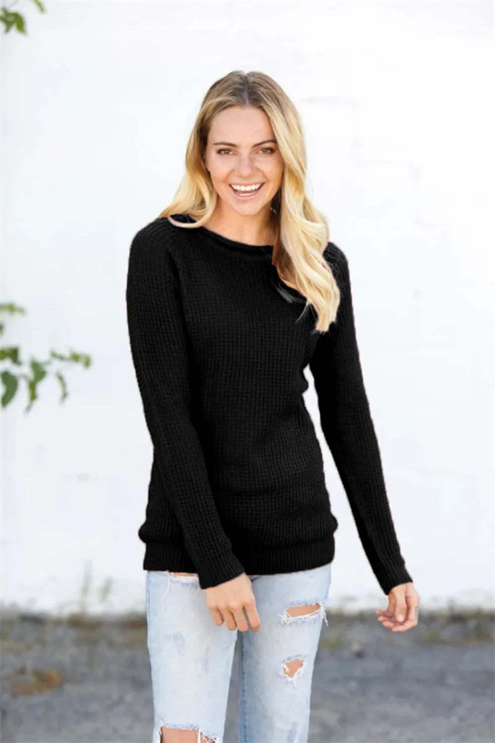 Round Neck Raglan Sleeve Sweater - Lilixa.store