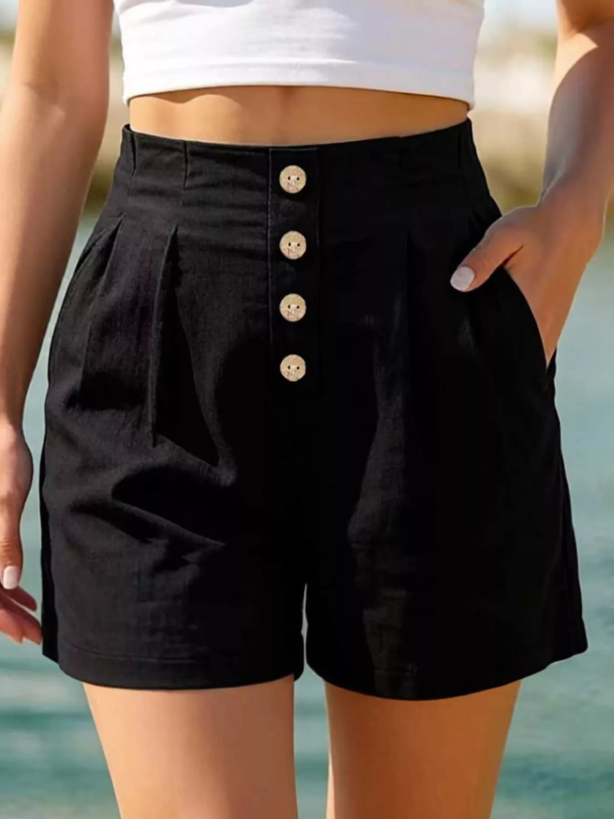 Button Fly High Waist Shorts in Black