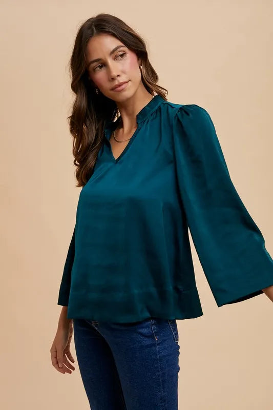Annie Wear Satin Notched Three-Quarter Sleeve Blouse - Lilixa.store