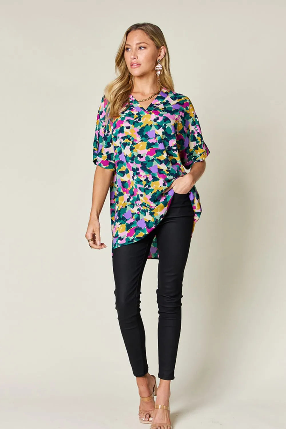 Double Take Full Size Printed V-Neck Short Sleeve Side Slit Top - Lilixa.store
