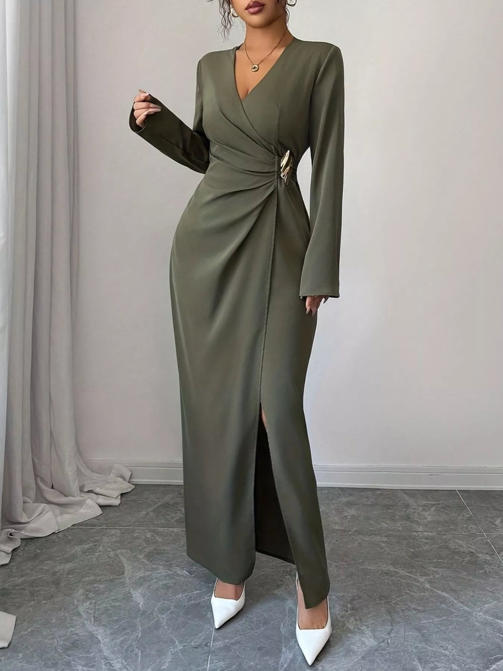 Slit Surplice Long Sleeve Maxi Dress - Lilixa.store