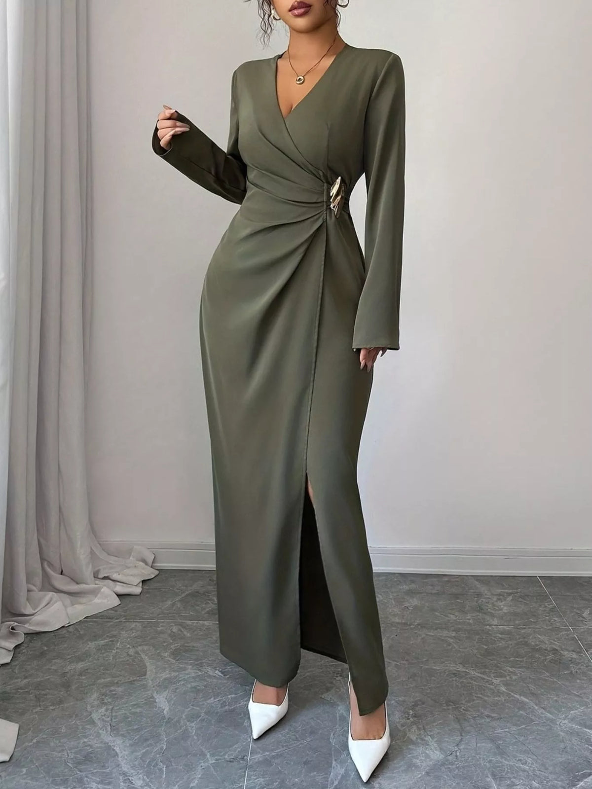 Slit Surplice Long Sleeve Maxi Dress - Lilixa.store