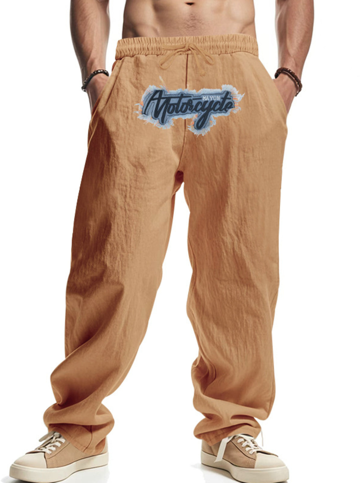 Men's Full Size Drawstring Letter Casual Pants Plus Size in Sherbet