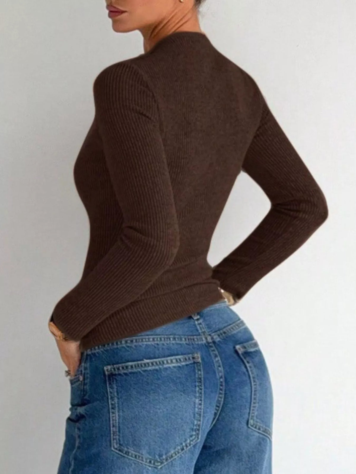 Ribbed Knit Long Sleeve T-Shirt with Metal Ring Cutout Detail in Chocolate, view 4