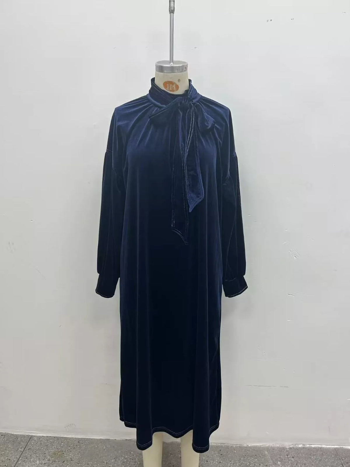 Full Size Velvet Tie-Neck Lantern Sleeve Midi Dress Plus Size