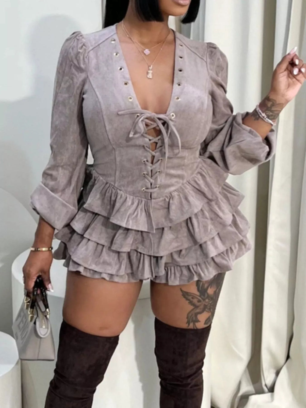 Lace-Up Ruffle Hem Long Sleeve Mini Dress - Lilixa.store