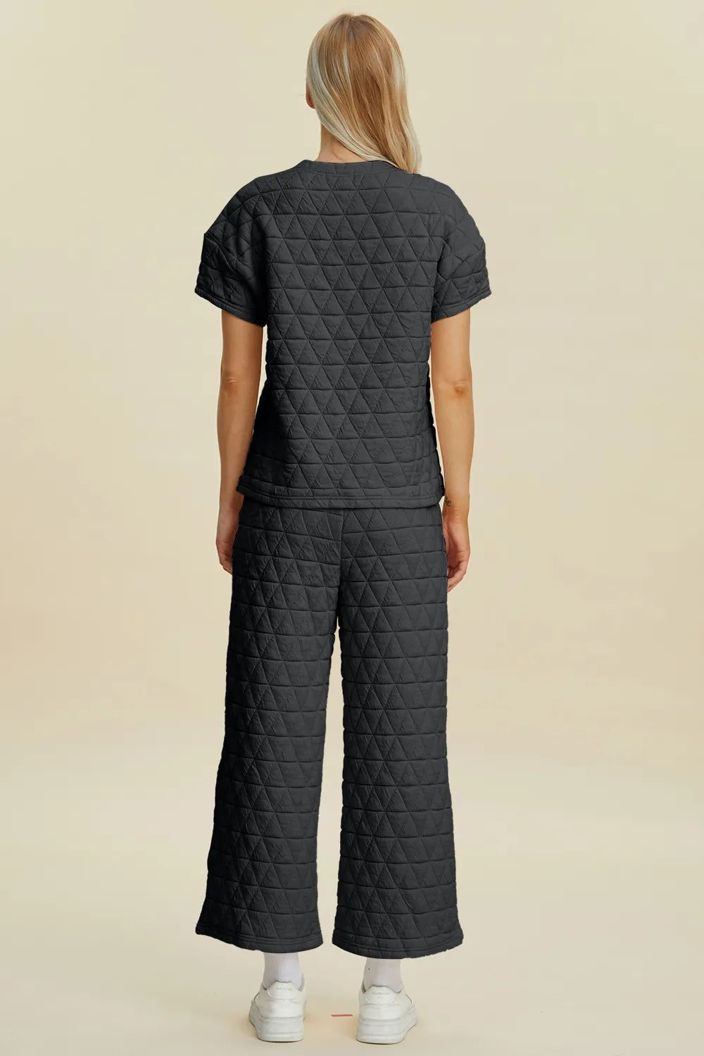 Double Take Full Size Texture Round Neck Short Sleeve Top and Pants Set - Lilixa.store