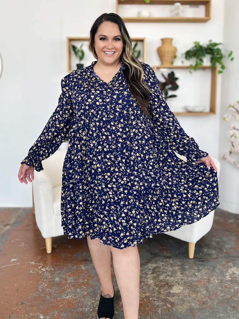 Double Take Full Size Printed Ruffle Hem Long Sleeve Tiered Dress - Lilixa.store