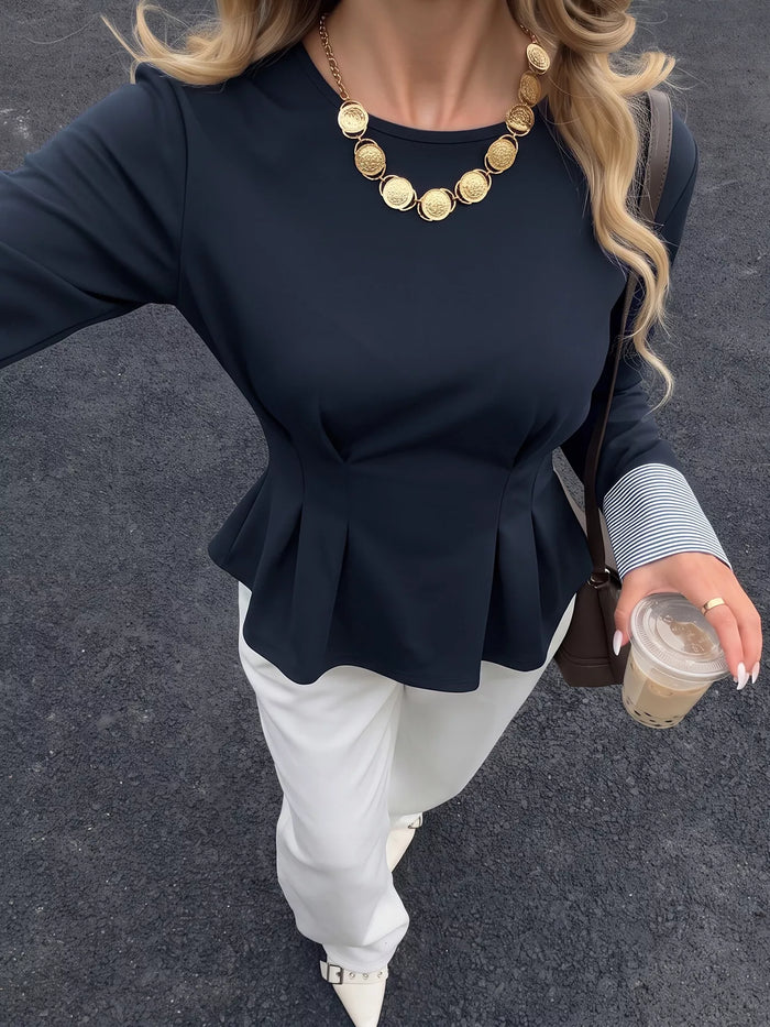 Round Neck Peplum Top with Striped Cuffs in Dark Blue