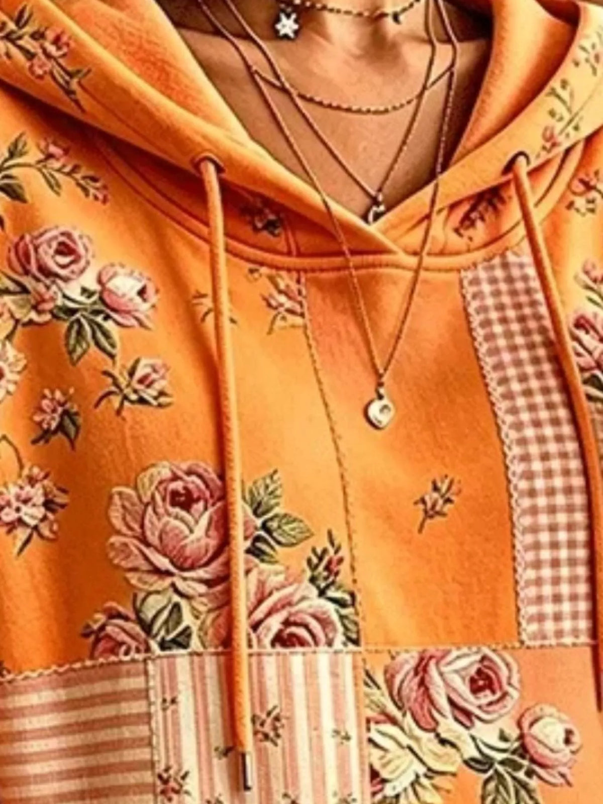 Full Size Drawstring Floral Dropped Shoulder Hoodie Plus Size, view 3