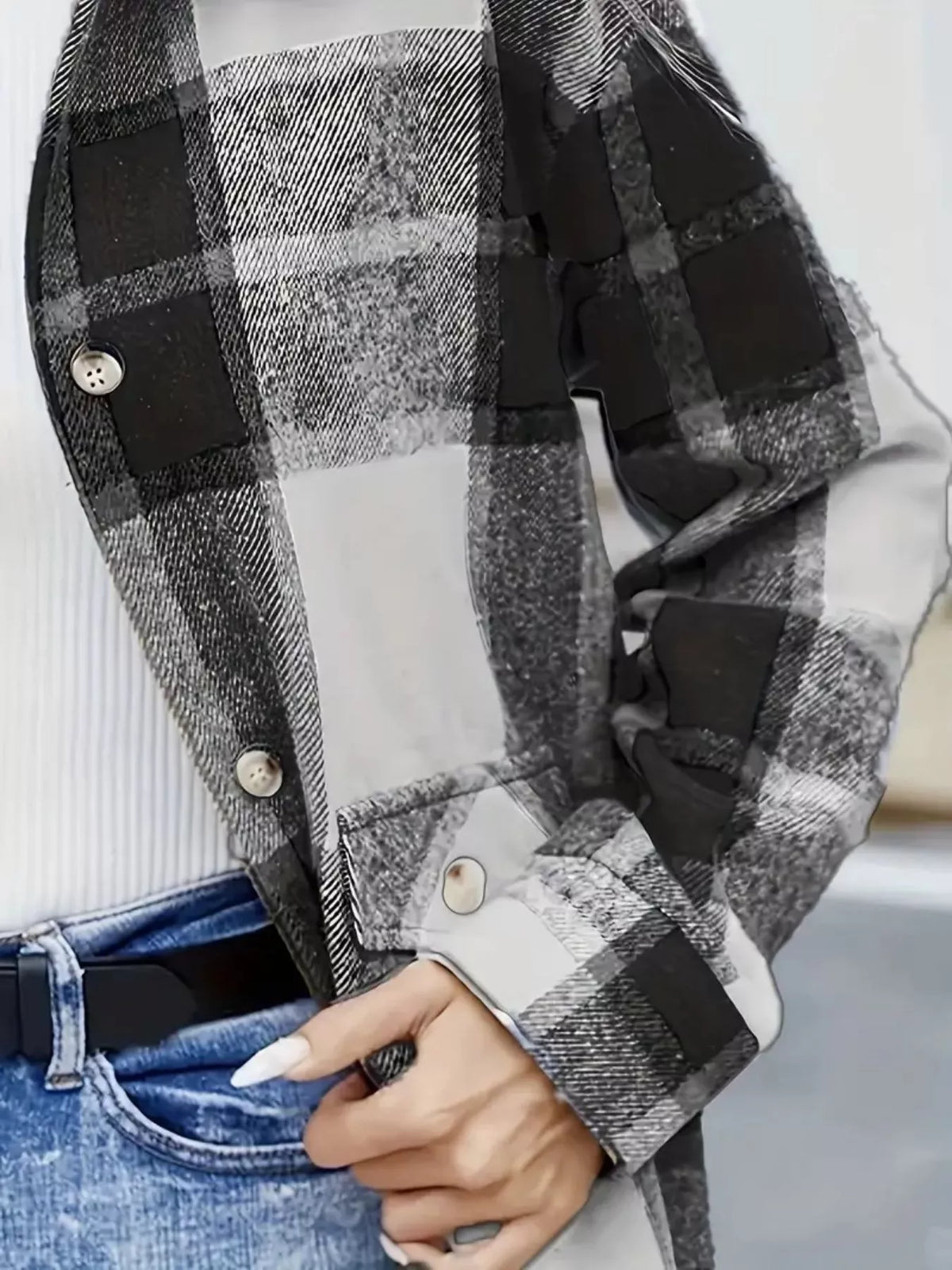 Plaid Button-Up Long Sleeve Shacket, view 8