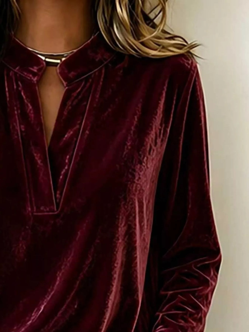 Full Size Velvet Notched Long Sleeve Blouse Plus Size - Lilixa.store