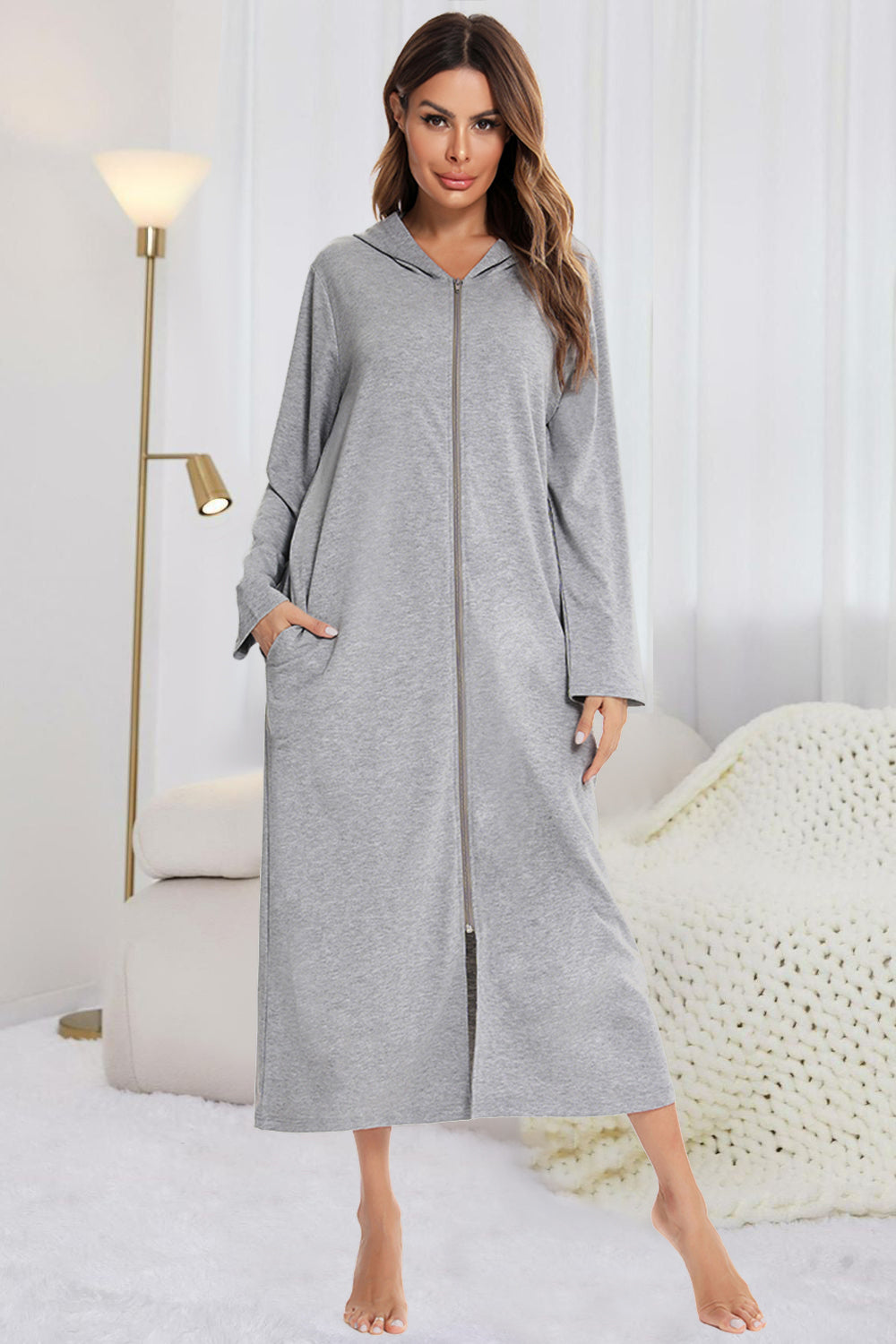 Zip Front Hooded Night Dress with Pockets - Lilixa.store