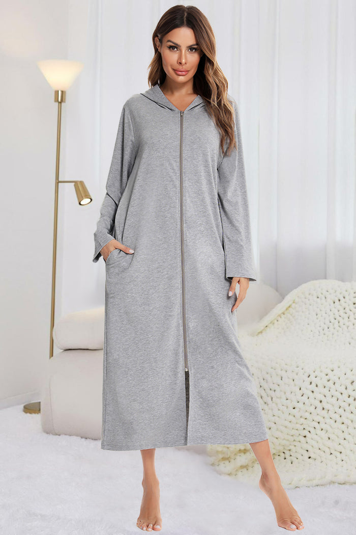Zip Front Hooded Night Dress with Pockets - Lilixa.store
