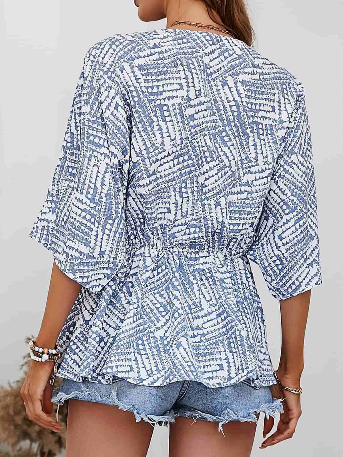 Printed V-Neck Dolman Sleeve Blouse - Lilixa.store