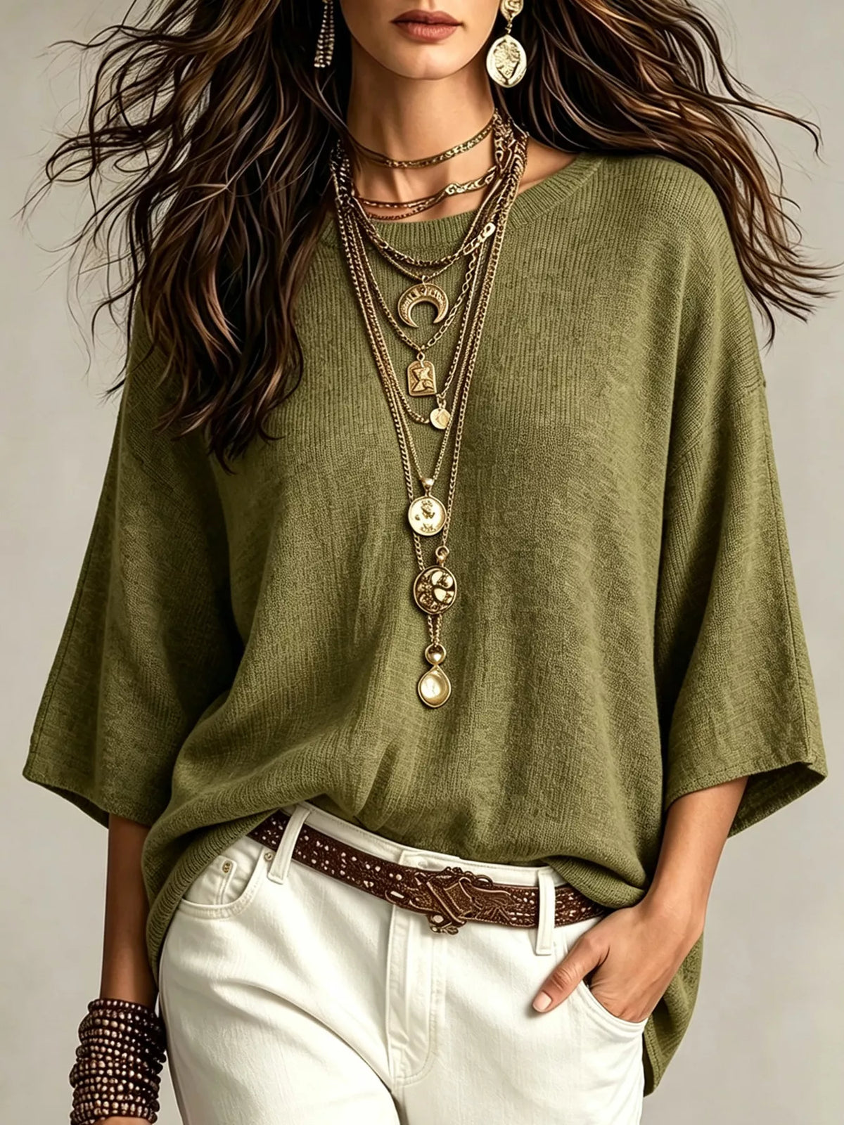 Round Neck 3/4 Sleeve Knit Top