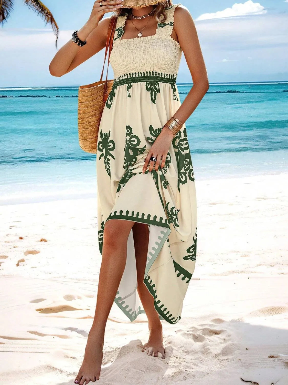 Smocked Printed Wide Strap Maxi Dress, view 9